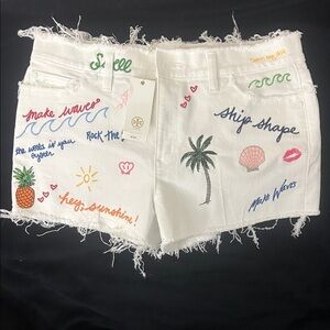 Tory Burch White Embroidered Jean Shorts